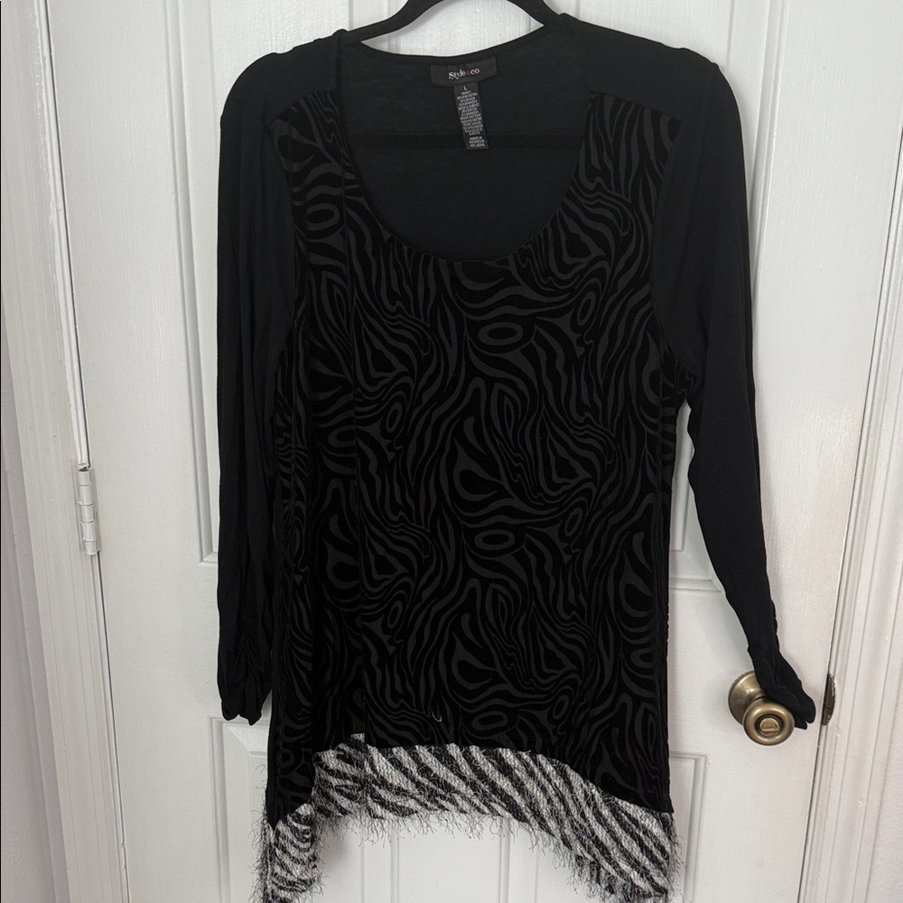 New Style &Co Black Patterned Tunic with Fringe
